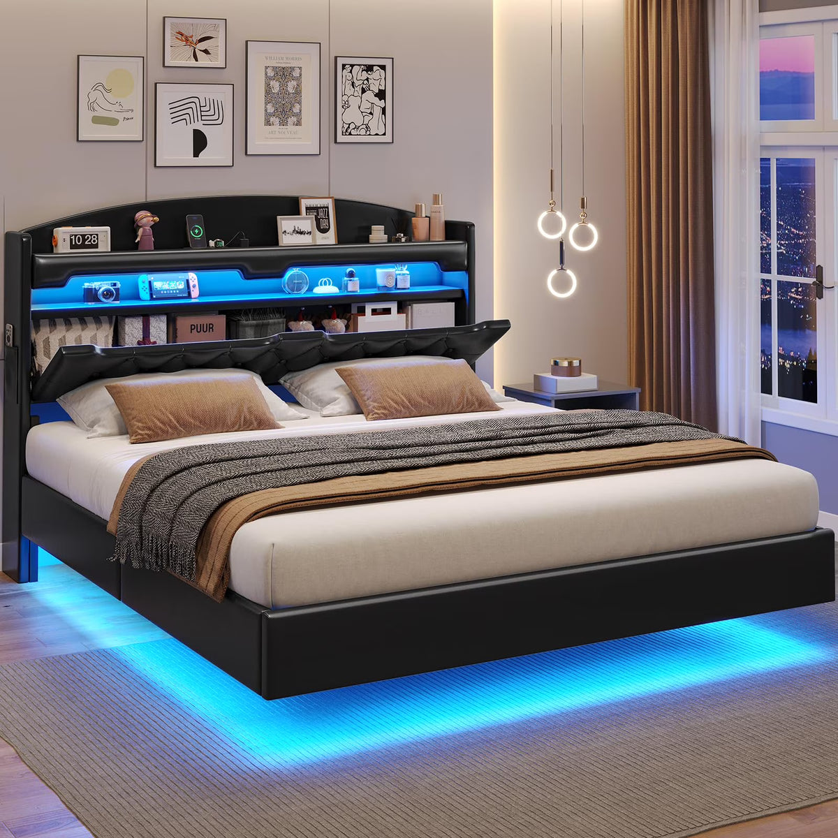 King Size Bed Frame with Storage Headboard and LED Lights,Upholstered Platform Bed with USB Port Charging,Headboard with Shelves Hidden Storage,Noise-Free,Dark Grey