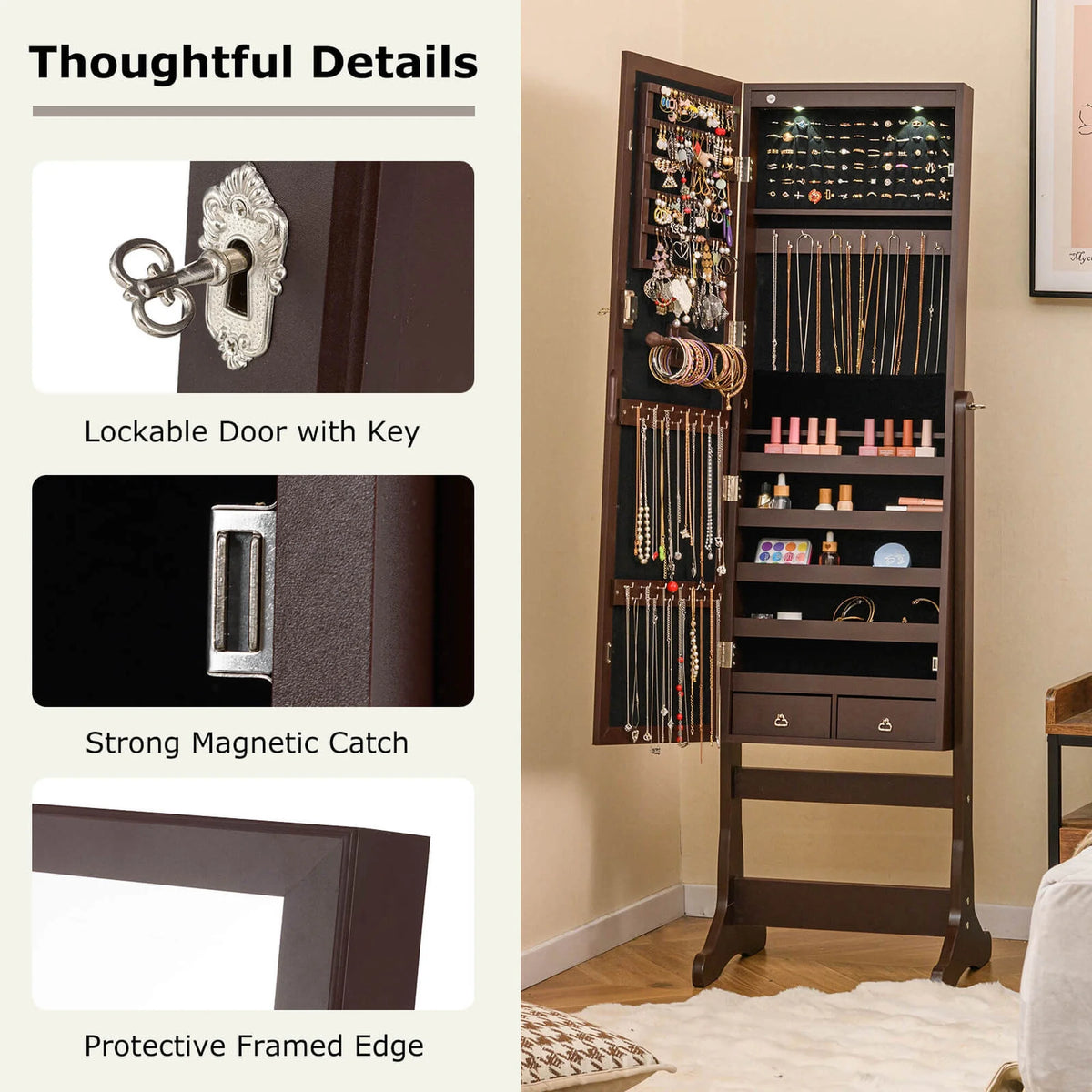 Costway Contemporary MDF Jewelry Cabinet with LED Lights in Brown