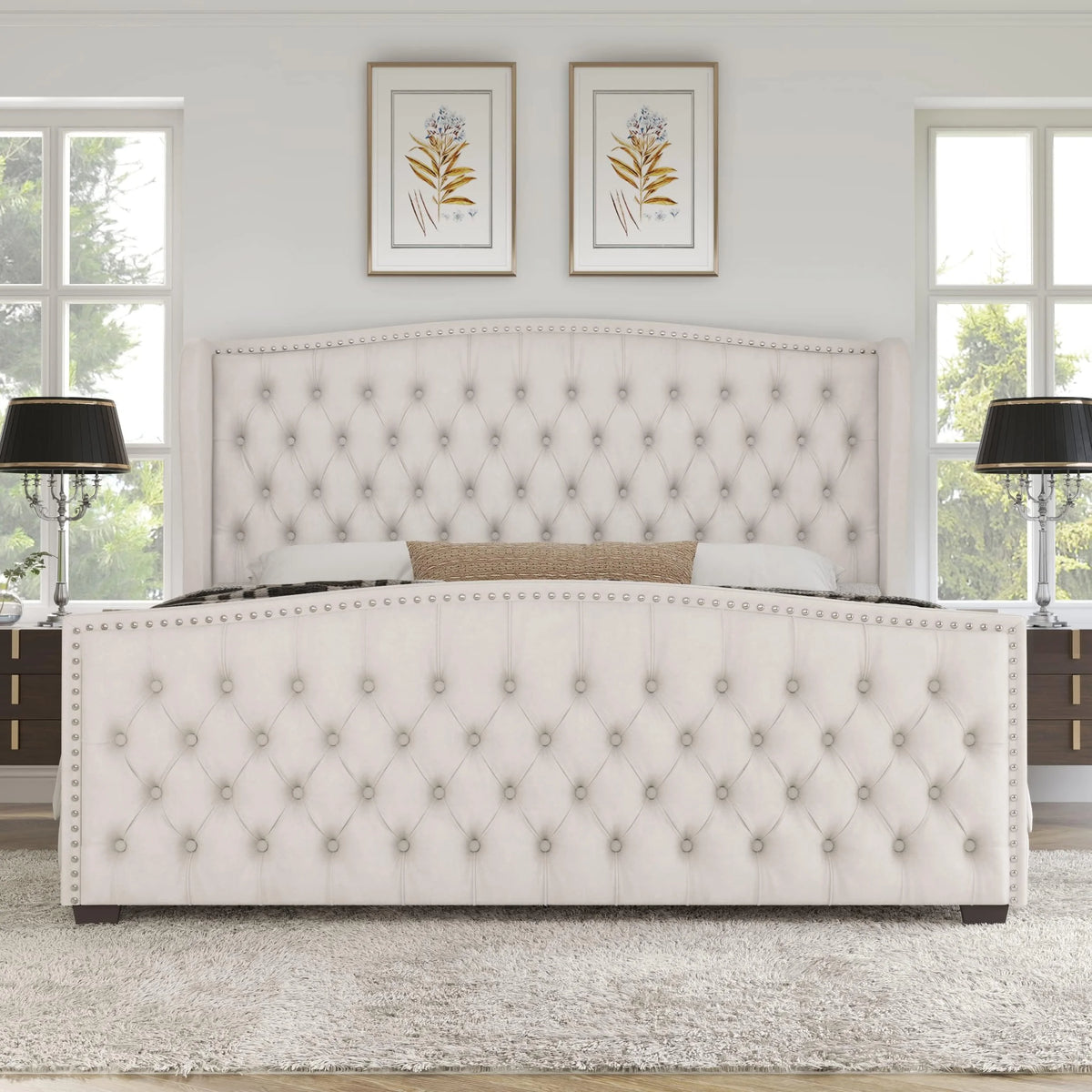 VANACC Queen Size Bed Frame, Velvet Upholstered Bed with Deep Button Tufted Wingback Headboard��Grey