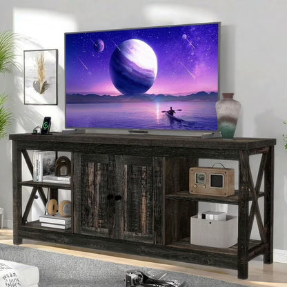 Dextrus White TV Stand up to 65 Inches w/Power Outlets, Farmhouse Entertainment Center Cabinet with Storage for Living Room