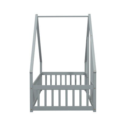 Bellemave Twin Size Floor Bed Frame, Wooden House Bed Twin Size with Fence, Montessori Bed with Guardrails for Bedroom (White)