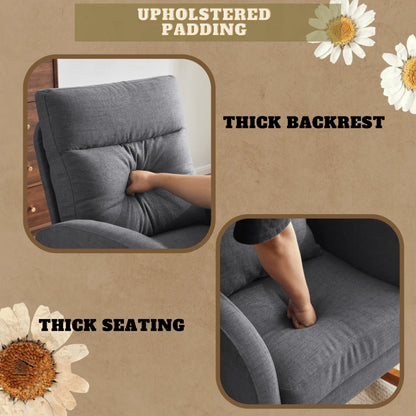 Hassch Upholstered Rocking Chair, Linen Fabric Glider Rocker with High Back, Accent Chair with Solid Wood Base, Reading Chair with Side Pocket for Living Room Bedroom Balcony, Gray