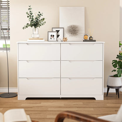Dresser for Bedroom, Lofka 6 Drawer Double Dresser with Cutout Handles, Large Storage Capacity, Anti-Tip Safety, Modern Wood Chest of Drawers, Smooth Metal Rail, White