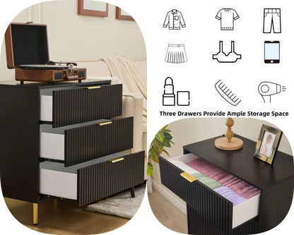 HRYJ White Large 3 Drawers Nightstand Dresser Fluted Wood Night Stand Bedside Table for Bedroom