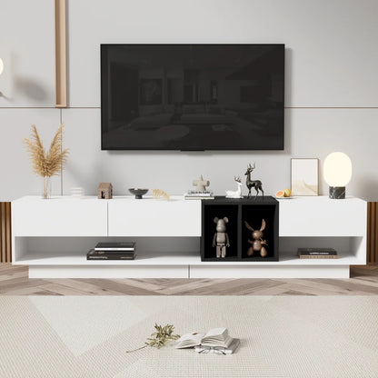 Modern TV Stand for 80 Inch TV, ON-TREND Sleek Two-Tone Media Console, Functional Storage Cabinet with Open & Hidden Compartments, Particle Board, Living Room Furniture, White