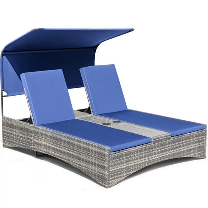 Devoko Rattan Double Lounge Chaise, Adjustable Backrest Daybed with Sunshade and Cup Holder for Deck, Poolside, Balcony,beige