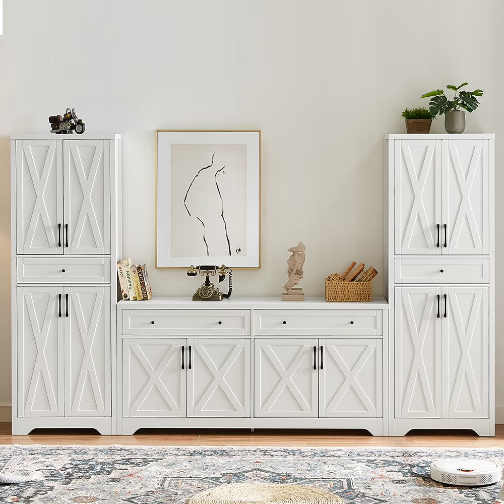 TrumanPick 61"H Large Buffet Sideboard Cabinet, TV Cabinet, Kitchen Pantry for Dining Room, Living Room, 61.3''L x 15''W x 29.8''H, White/Walnut
