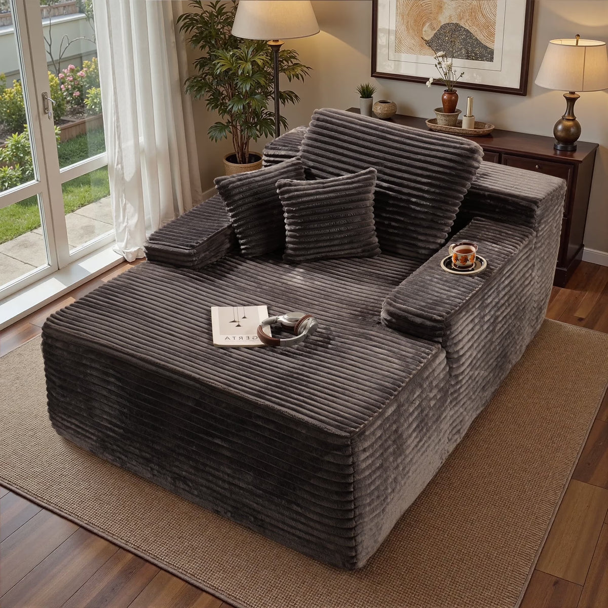 Ovios 67'' Oversized Chaise Lounge Chair Indoor Cloud Plush Corduroy Floor Sofa Bed Deep Seat No Assembly Couch for Living Room, Black