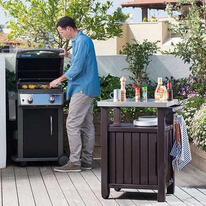 Keter Unity 40 Gal Patio Storage Grilling Bar Cart w/Stainless Top, Brown