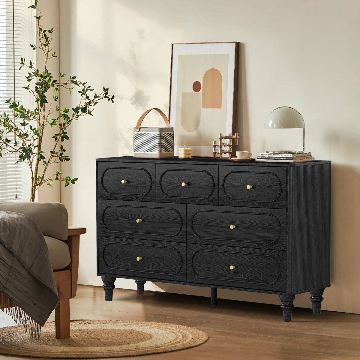 YOCWO 3 Drawer Nightstand, Classic Chest of Drawers with Arc Edge, Walnut