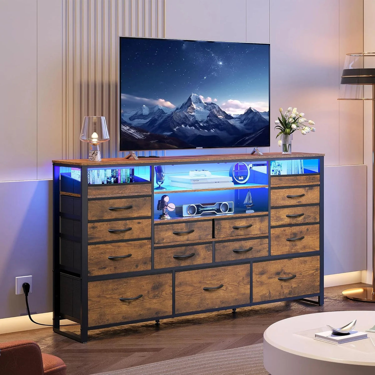 Black TV Stand for 55, 60, 65 inch TV, Entertainment Center with LED Lights & Charging Station, TV Media Console Table with 15 Fabric Drawers and Open Shelves for Living Room, Hallway, Wood Topm