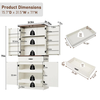 71" Tall Farmhouse Kitchen Pantry with 12 Side Shelves & Adjustable Shelves, 5 Layers Pantry Storage Cabinet w/Load-Bearing Steel Pipe & 4 Barn Doors for Kitchen, Dining Room, Living Room, Brown