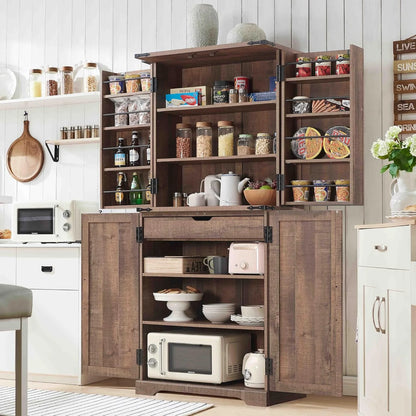 47" Kitchen Pantry, Farmhouse Storage Cabinet with Barn Doors, Organizer and Adjustable Shelves, Rustic Wood Cupboard for Kitchen, Dining Room, Bathroom and Hallway, Black