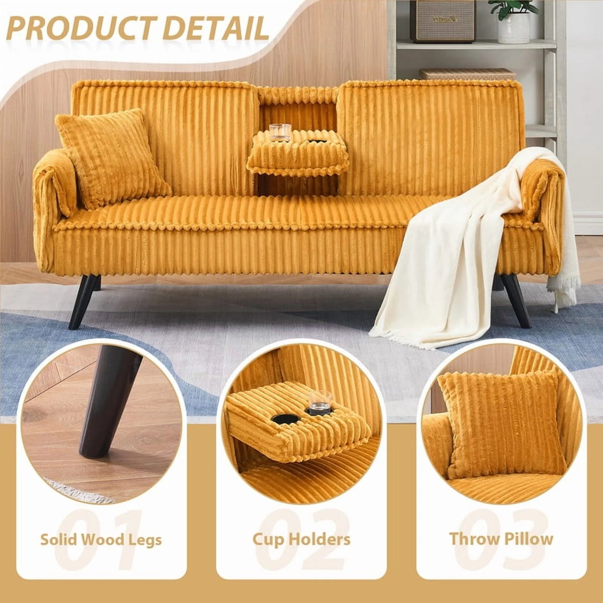 FFH Modern Corduroy Futon Sofa Bed with Adjustable Backrest,Convertible Loveseat Sleeper,Soft Couch with Drop-Down Table and Cup Holder for Living room,Pink