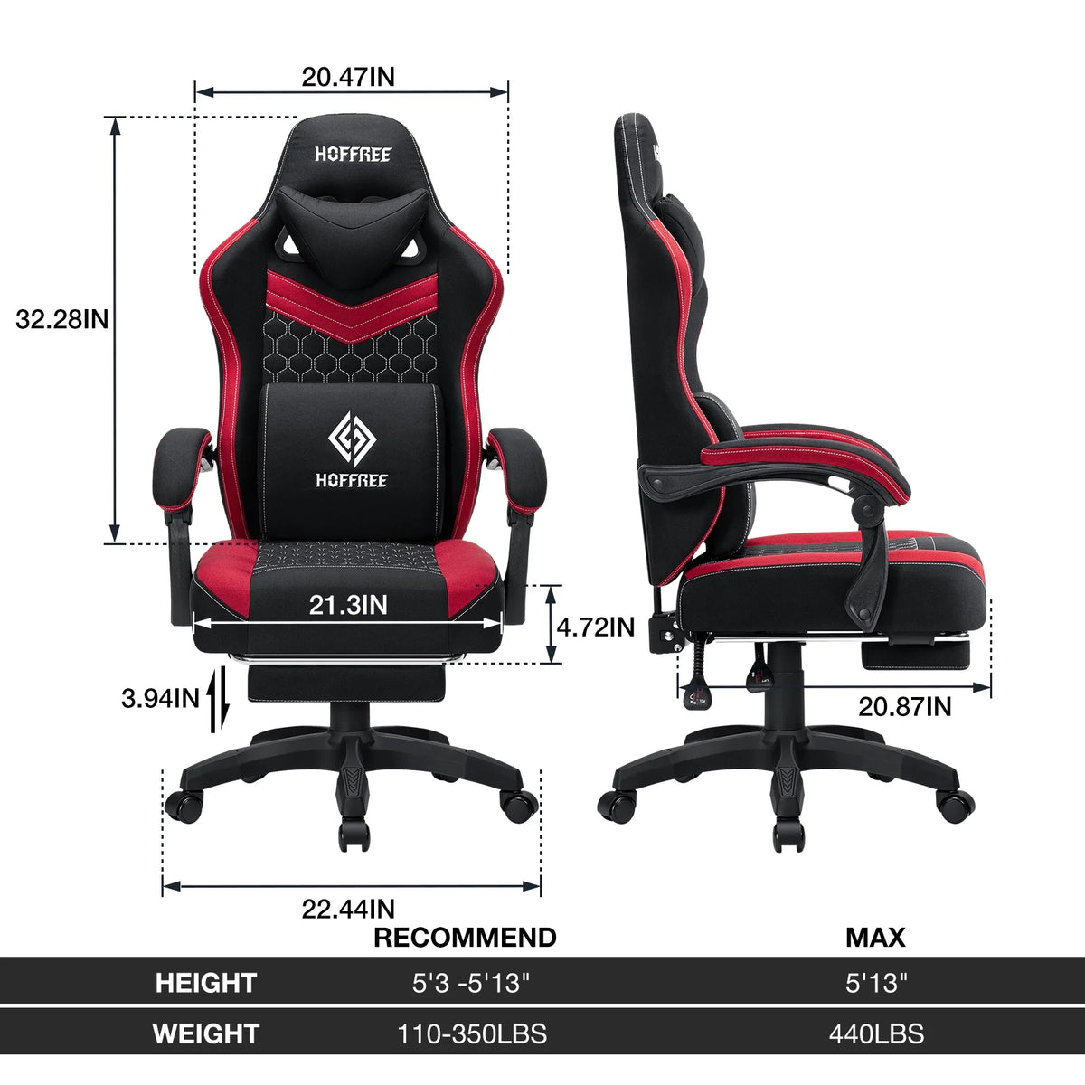 Hoffree Gaming Chair with Massage Fabric Office Chair with footrest for Adults, Ergonomic Gamer Chair with Headrest and Lumbar Support for Office Gaming, 440 LBS