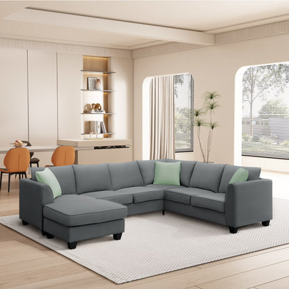 Harper & Bright Designs Modular Sectional Sofa with Ottoman Couch L Shape Corner Sofa Sets 7 Seats Fabric Couch for Living Room, Black, 112 * 87 inch
