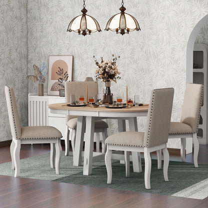 Harper & Bright Designs Round Extendable Dining Table Set for 4, 5 Piece Farmhouse Wood Dining Table Set with 4 Upholstered Dining Chairs, Natural Wood Wash