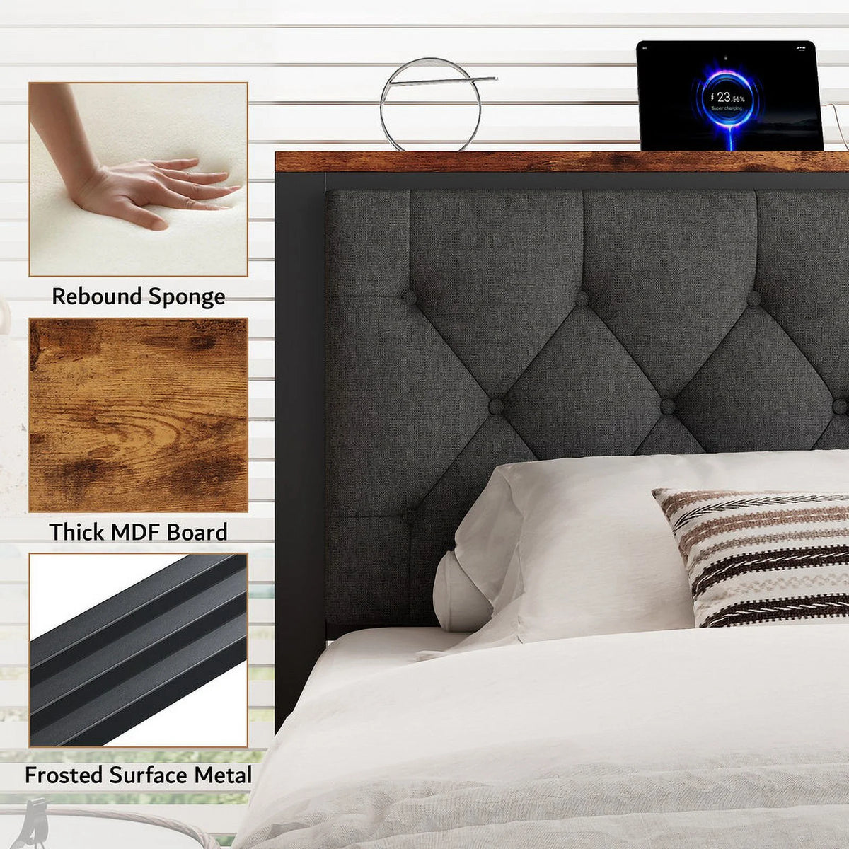 iPormis Full Bed Frame with 2 Drawers, Metal Platform Bed with Charging Station and Linen Fabric Storage Headboard Strong Metal Slats Black,Gray