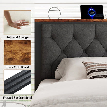 iPormis Full Bed Frame with 2 Drawers, Metal Platform Bed with Charging Station and Linen Fabric Storage Headboard Strong Metal Slats Black,Gray