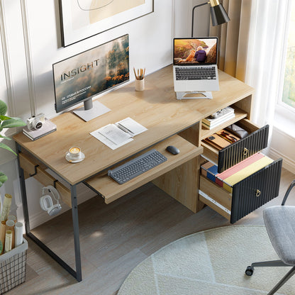 Bestier 55 Inch Office Desk with Drawers, Keyboard Tray, 2 Hooks, Modern Fluted Computer Desk for Home, Grey