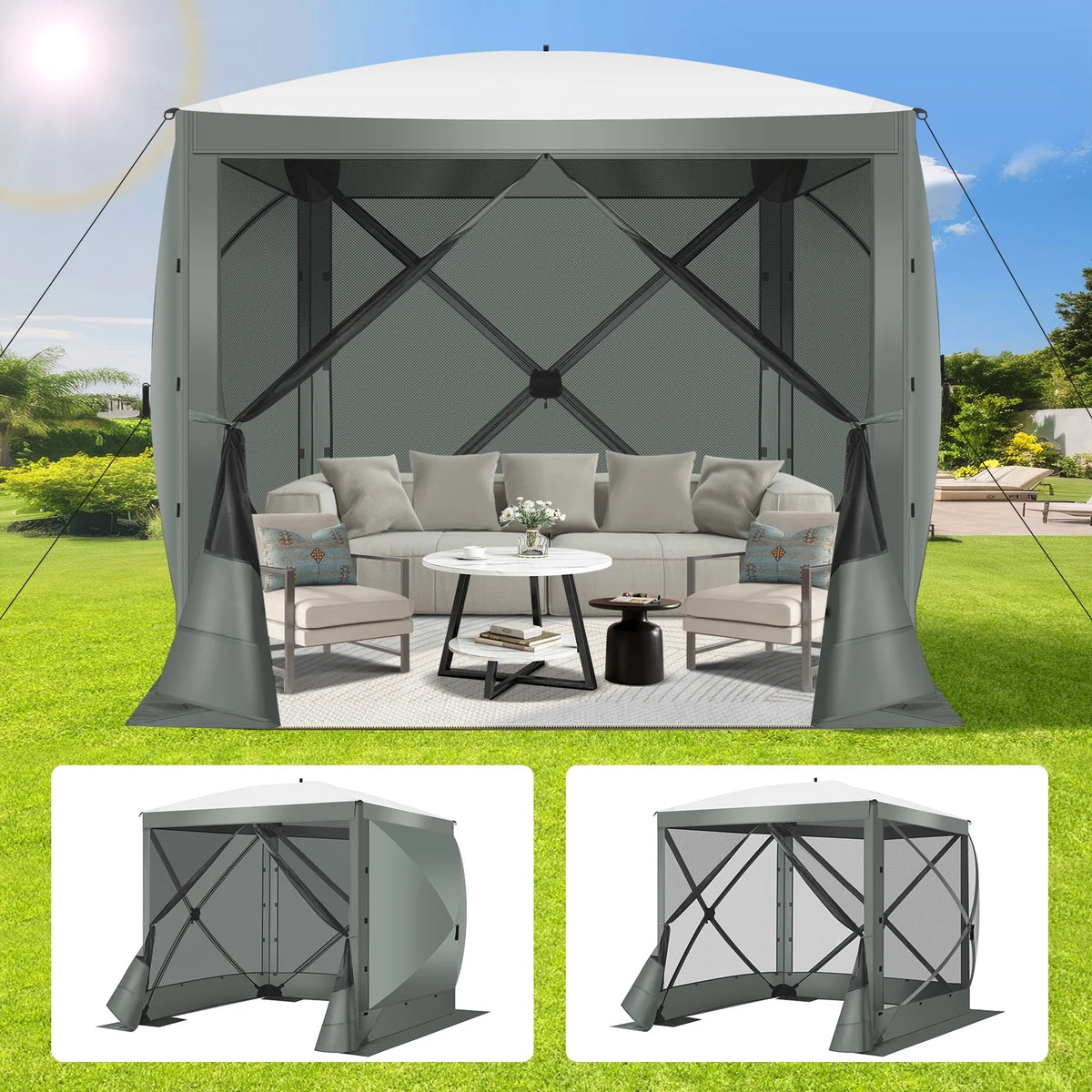 COBIZI 8x8 Pop up Gazebo Tent, Ez up Waterproof Screen Tent Screen House, Portable Outdoor Canopy Sun Shelter with 3 Sidewalls, Carry Bag & Ground Stakes for Camping, Garden and Picnics, Gray