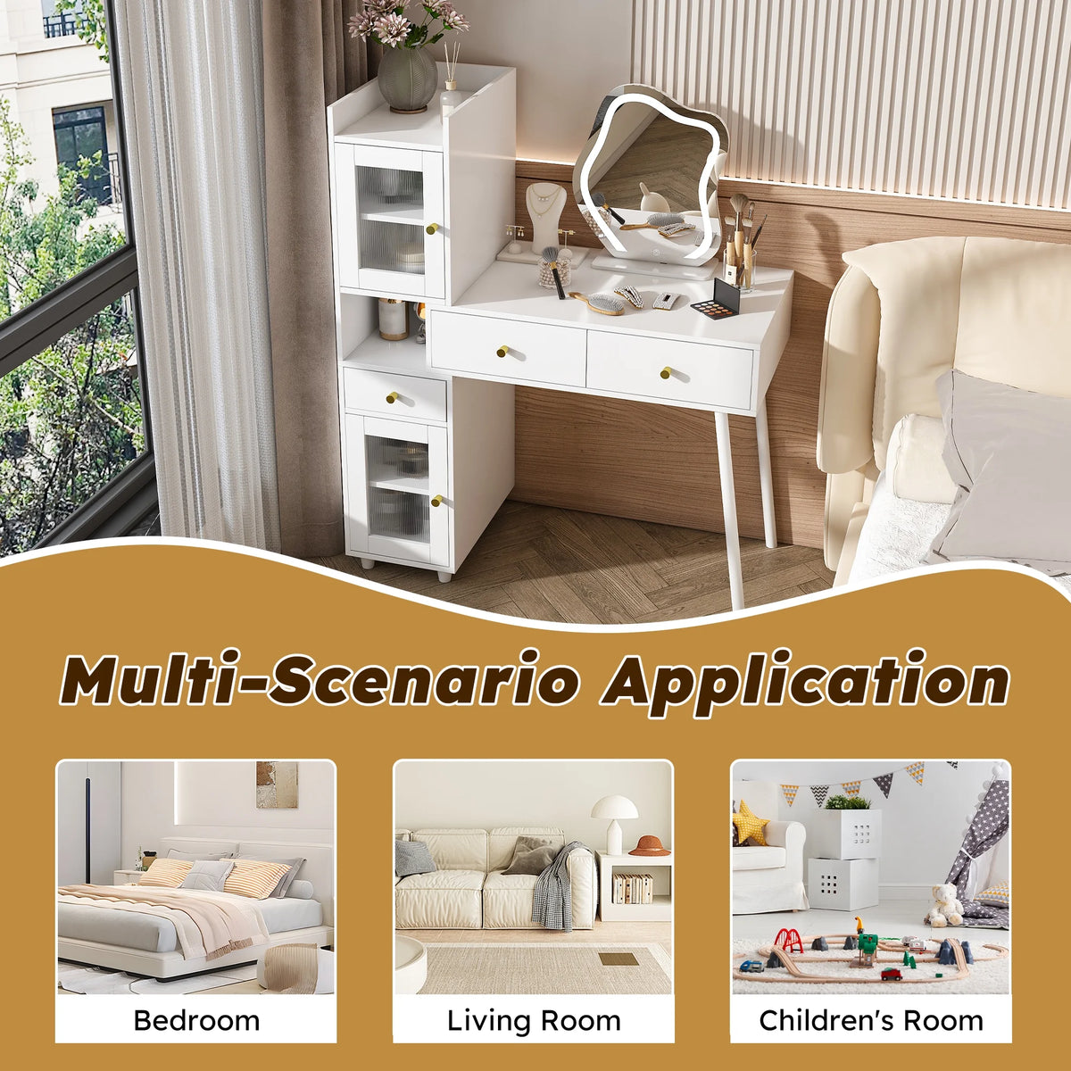 Montary Modern Mini Vanity w/Adjustable LED Mirror + Hidden Storage, Padded Stool & Dustproof Shelves (White)