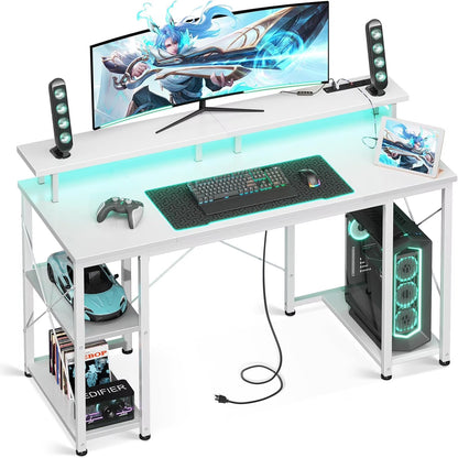 ODK 48 inch Gaming Desk with LED Lights & Power Outlets, Computer Desk with Monitor Stand & Storage Shelves, CPU Stand, Home Office Desk, White