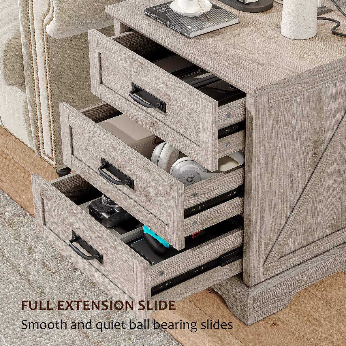 Farmhouse Nightstand Set of 2, 22 inch Side Table with Charging Station for Bedroom, 2PCS, White