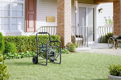 Suncast Commercial Grade Steel Outdoor Garden Hose Reel Cart, Blue/Gray