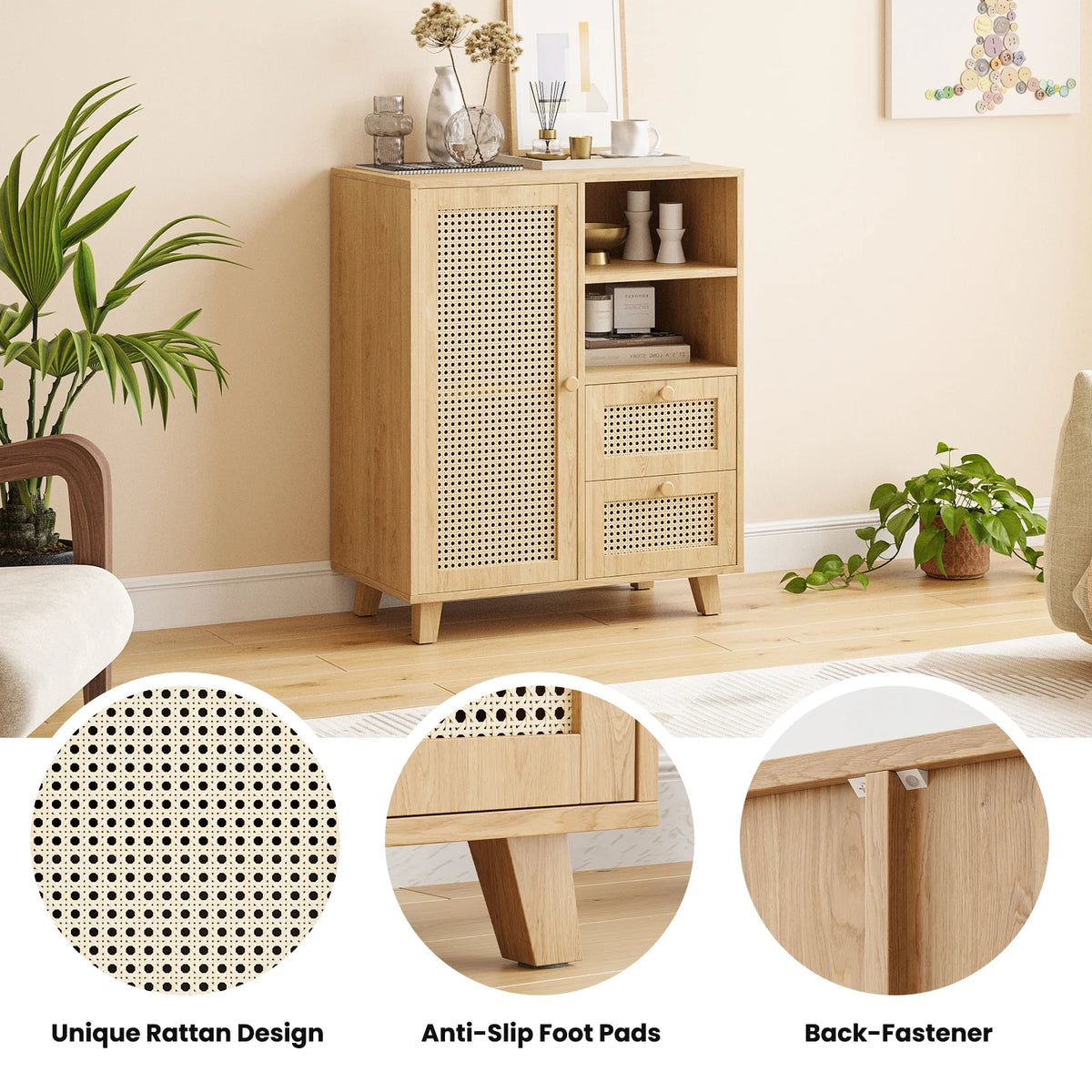 STARY Sideboard Buffet Cabinet, Accent Cabinet with Drawers and Adjustable Shelf for Kitchen, Living Room, Entryway, Nature