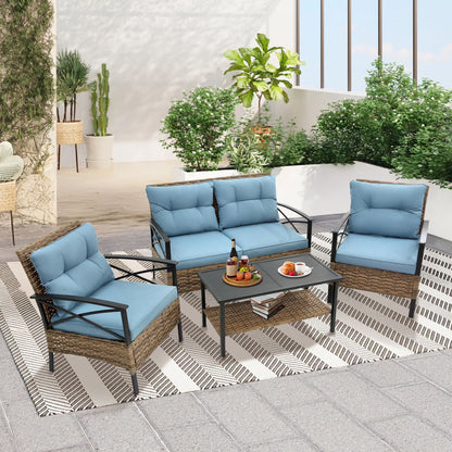 Heavy-duty Patio Furniture Set, 4 Piece Outdoor Sectional Conversation Sets, BrownPE Rattan Patio Sofa Set with Blue Cushions