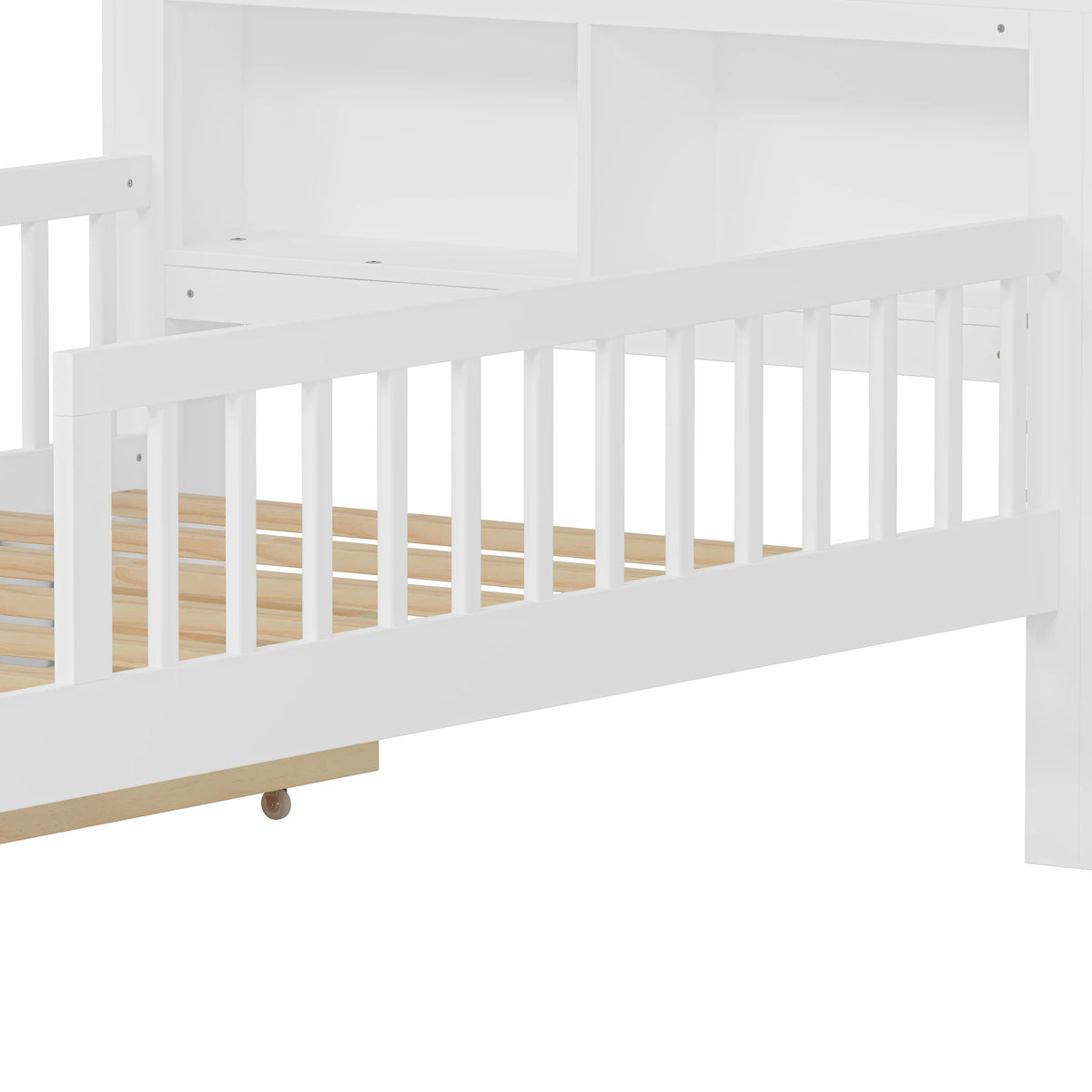 Euroco Wood Twin Size Platform Bed with Storage Headboard and Drawers, Low Profile Bed with Guardrails for Kids and Toddlers, White