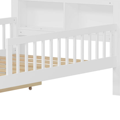 Euroco Wood Twin Size Platform Bed with Storage Headboard and Drawers, Low Profile Bed with Guardrails for Kids and Toddlers, White