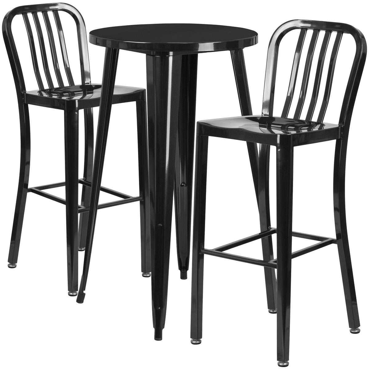 Flash Furniture Earl Commercial Grade 24" Round Silver Metal Indoor-Outdoor Bar Table Set with 2 Vertical Slat Back Stools
