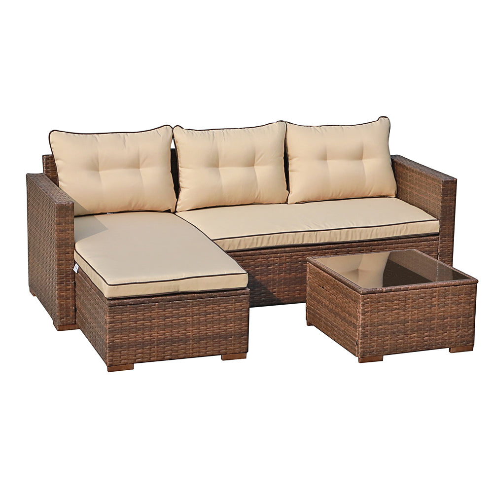 3 Piece Patio Furniture Sets,  Outdoor All-Weather Wicker Sectional Sofa Set, Beige