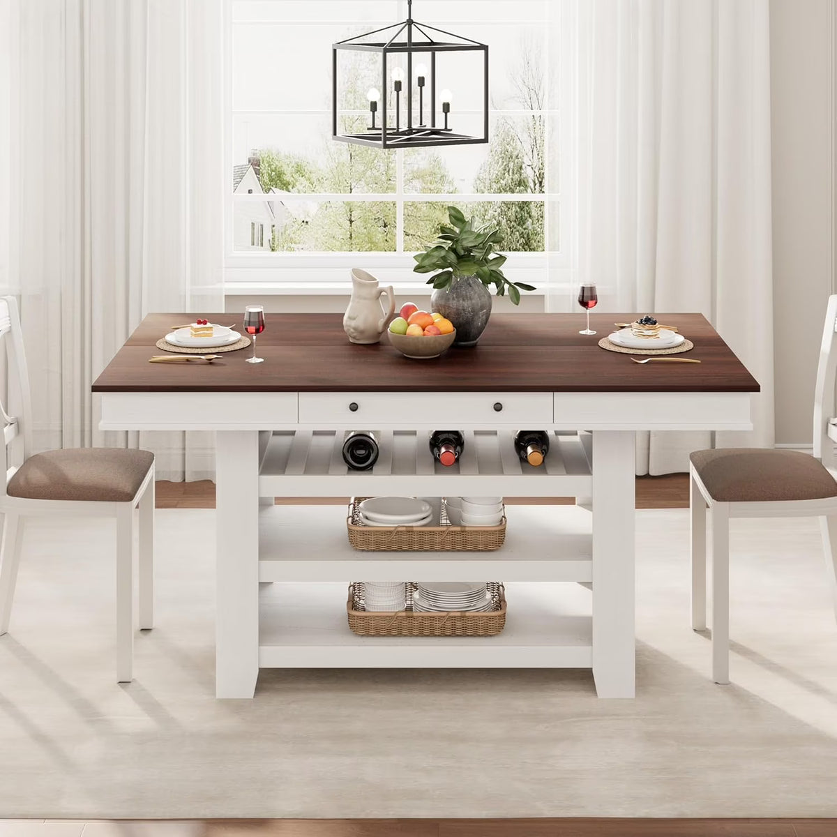 60" Counter Height Dining Table for 4,Rustic Counter Height Dining Table with Drawers& Open Shelves for Kitchen, Bar