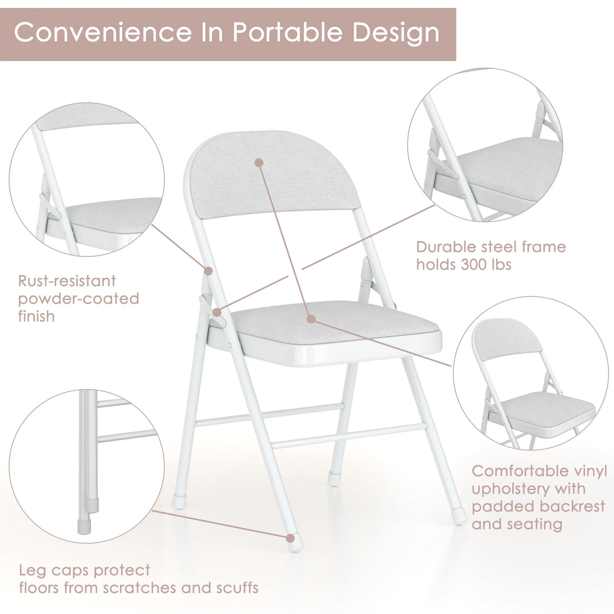 VECELO Set of 4 Folding Chairs, Fabric Dining Chair Set with Padded Cushion and Back, Indoor Outdoor Upholstered Seat with Metal Frame for Home Office Events Wedding Party, Orange
