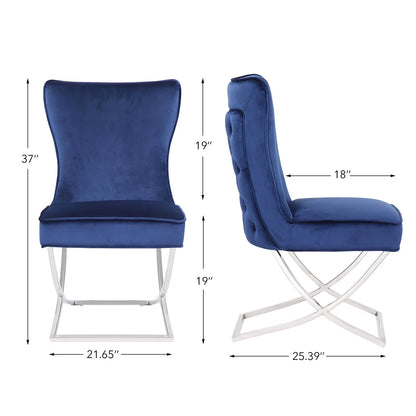 Foredo Elegant Velvet Dining Chairs Set of 2,  Luxury Upholstered Dining Chair with Metal Legs, X-Legs Tufted Side Chair for Dining Room Living Room, Dark Blue