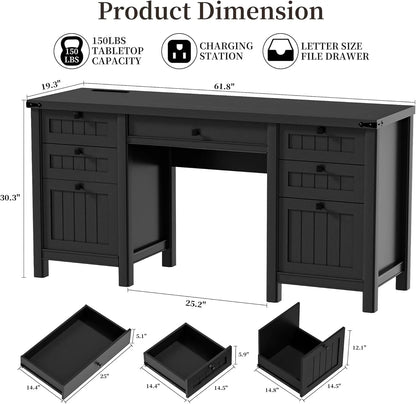 FIAKOA 45"Executive Desk, Modern Farmhouse Computer Desk with Drawers & Cabinet, White Home Office Desk Writing Workspace for Work Study