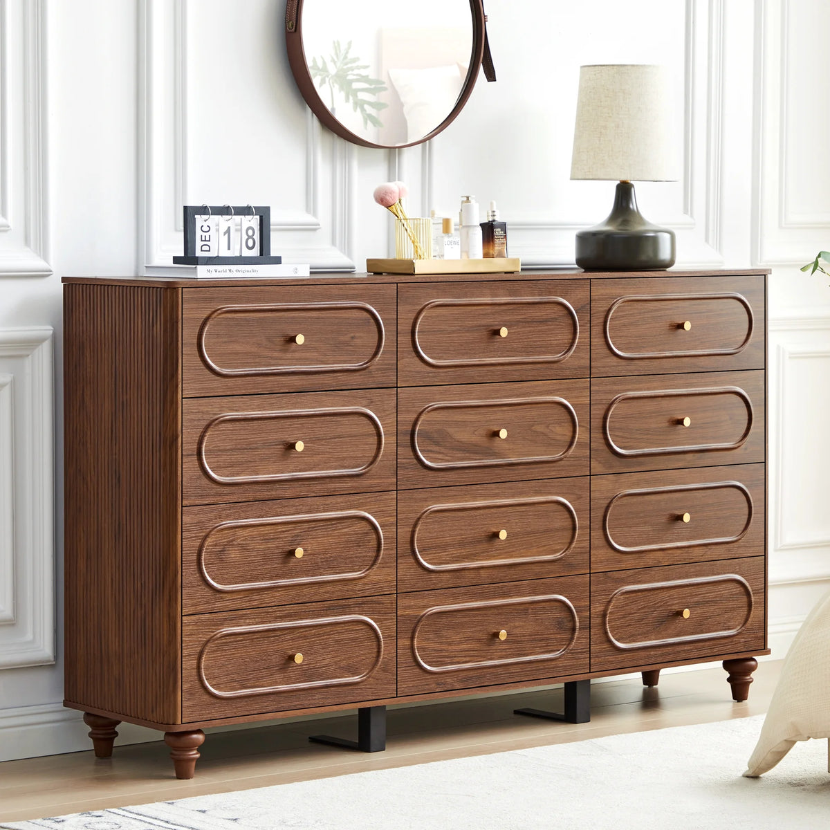 YOCWO 3 Drawer Nightstand, Classic Chest of Drawers with Arc Edge, Walnut