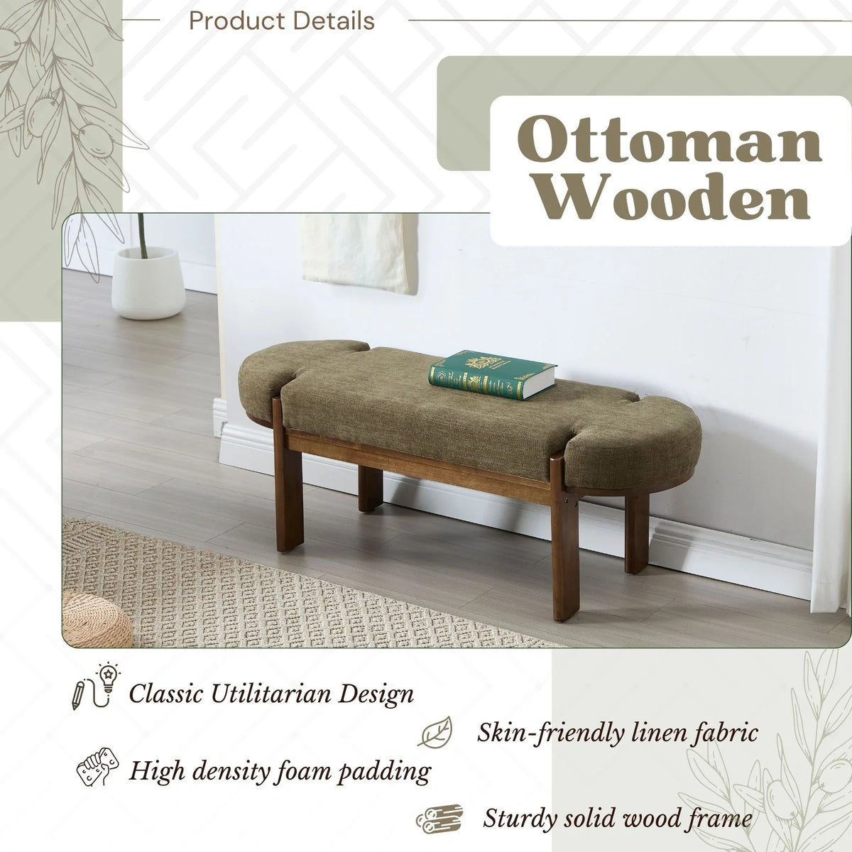 Dayalane 51" Modern Upholstered Bedroom Bench, Linen End of Bed Bench with Wooden Legs for Living Room, Entryway,Hallway Footrest, Beige