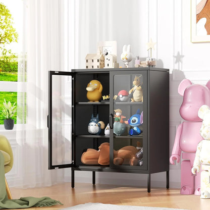 SUNCROWN Metal Storage Cabinet, Curio Display Cabinet with 2 Glass Display Door and 4 Shelves, Side Storage Organize, Modern Bookshelf Cabinet for livingroom, Bedroom, Kitchen, Black