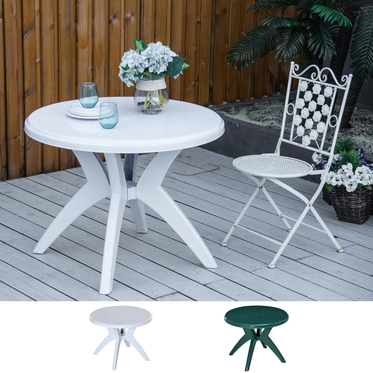 SKTPI Outdoor Plastic Dining Table w/ Umbrella Hole, Outdoor End Table, Patio Coffee Bistro Table for Indoor, Garden, Porch, Balcony, White