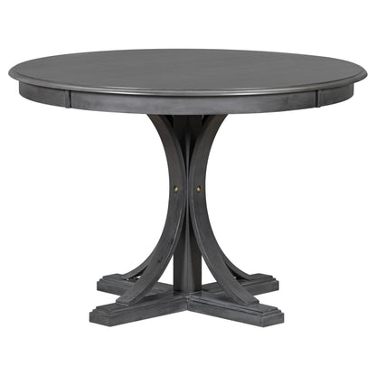 5 Piece Retro Round Dining Table Set with 4 Upholstered Chairs, Wood Dining Table with Curved Trestle Style Legs