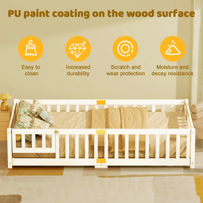 Slsy Twin Size Toddler Floor Bed, Solid Wood Montessori Bed Frame with Fence & Door Montessori Floor Bed Crib with Safety Guardrails for Girls and Boys