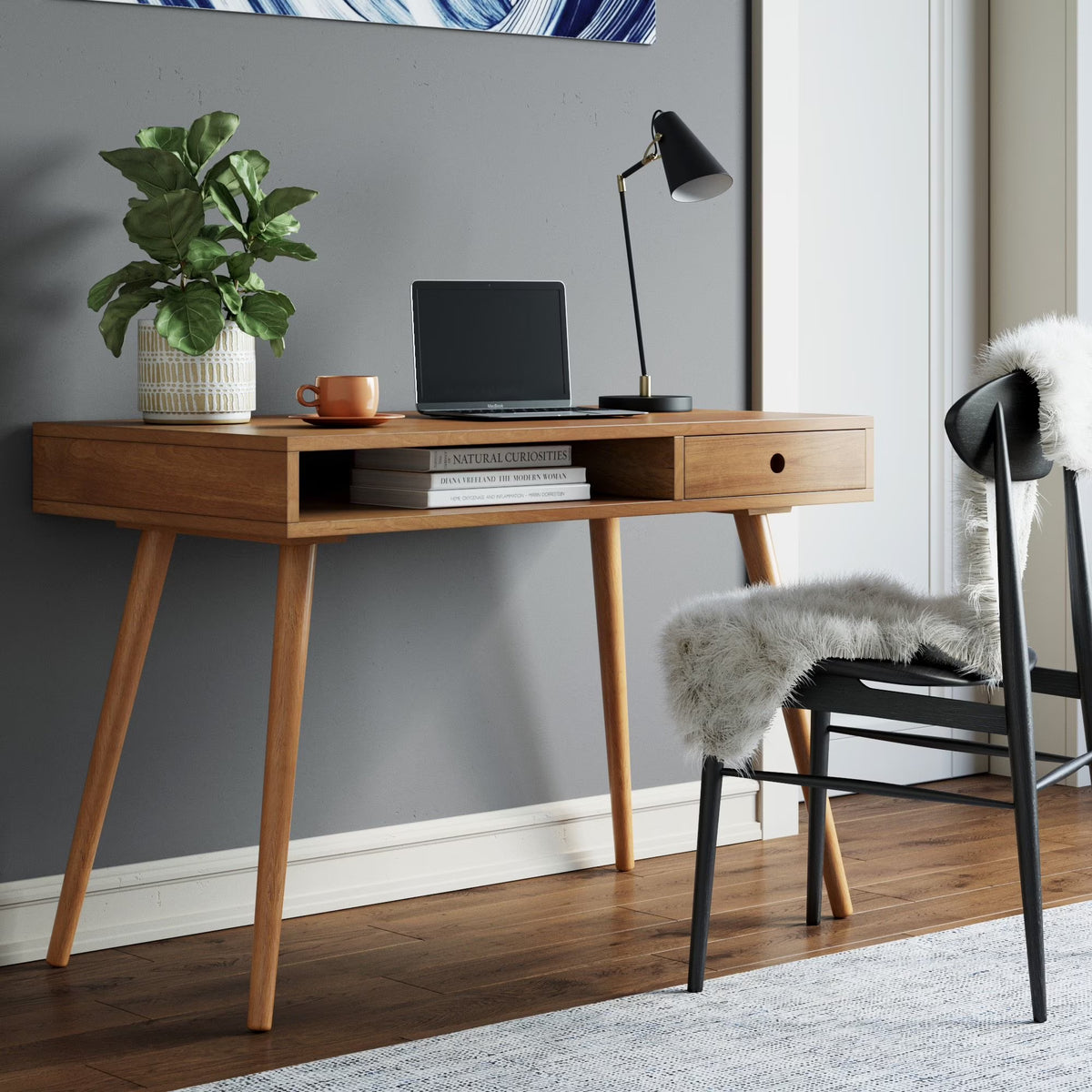 Nathan James Parker Modern Home Office Desk in Walnut Wood with Open Storage Cubby and Small Drawer, Walnut