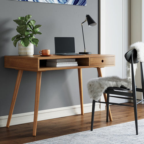 Nathan James Parker Modern Home Office Desk in Walnut Wood with Open Storage Cubby and Small Drawer, Walnut