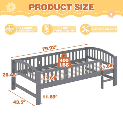 SESSLIFE Twin Size Platform Bed, Solid Wood Twin Bed Frame with Slats, Fence Guardrail Ladder, Twin Floor Bed with Strong Legs for Boys Girls, No Box Spring Needed, Holds 400 lbs, White