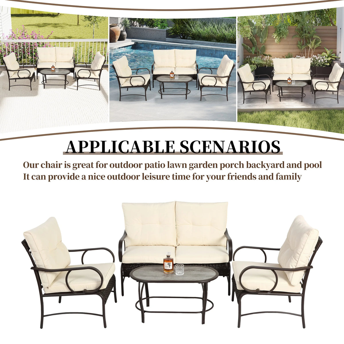 Patio Sofa Set, 4 Pieces Outdoor Sectional Furniture, All-Weather PE Rattan Wicker Patio Conversation Set, Cushioned Sofa Set with Coffee Table for Patio Garden Poolside Deck