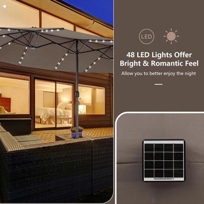 Costway 15FT Twin Patio Double-Sided Umbrella 48 Solar LED Lights Crank Outdoor Beige